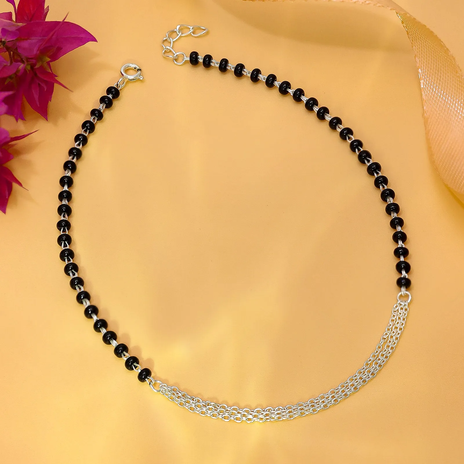 925 Sterling Silver Shiny Black Beads Anklet