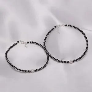 925 Sterling Silver Shiny Pearl Black Beads Silver Anklets