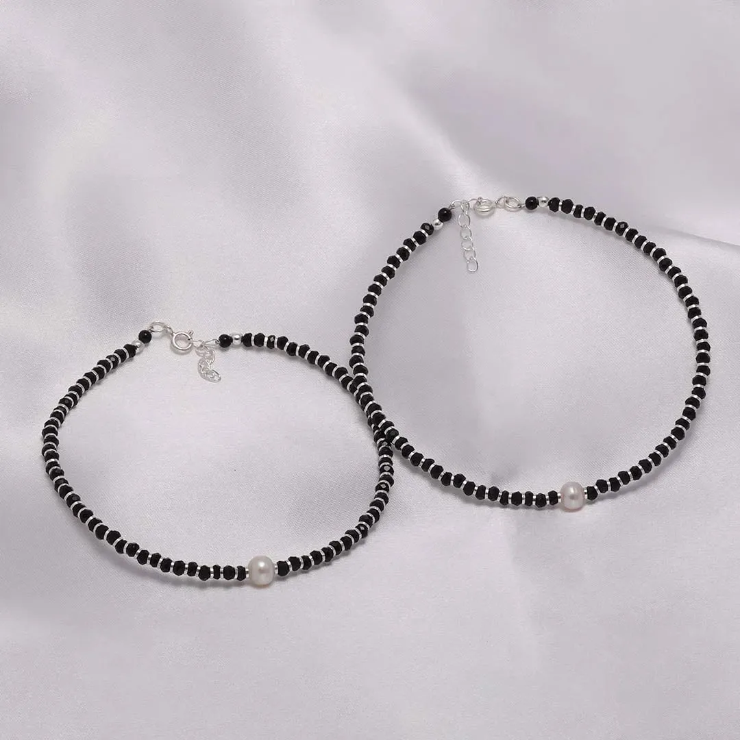 925 Sterling Silver Shiny Pearl Black Beads Silver Anklets