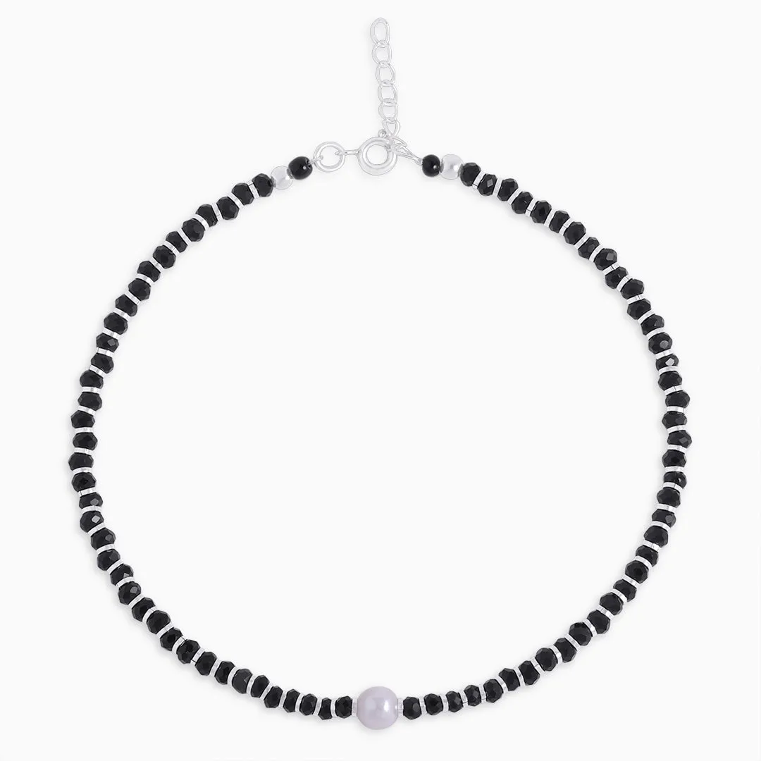 925 Sterling Silver Shiny Pearl Black Beads Silver Anklets