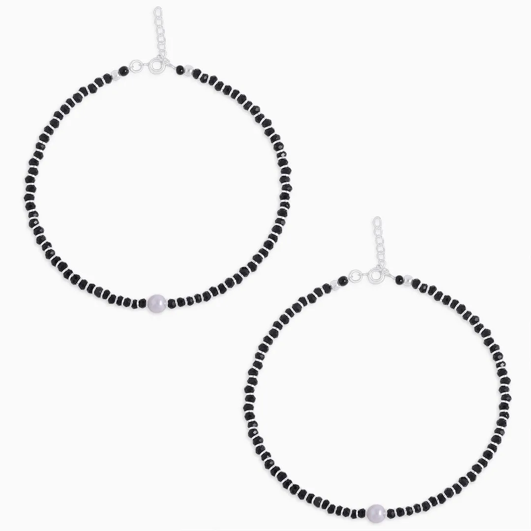 925 Sterling Silver Shiny Pearl Black Beads Silver Anklets
