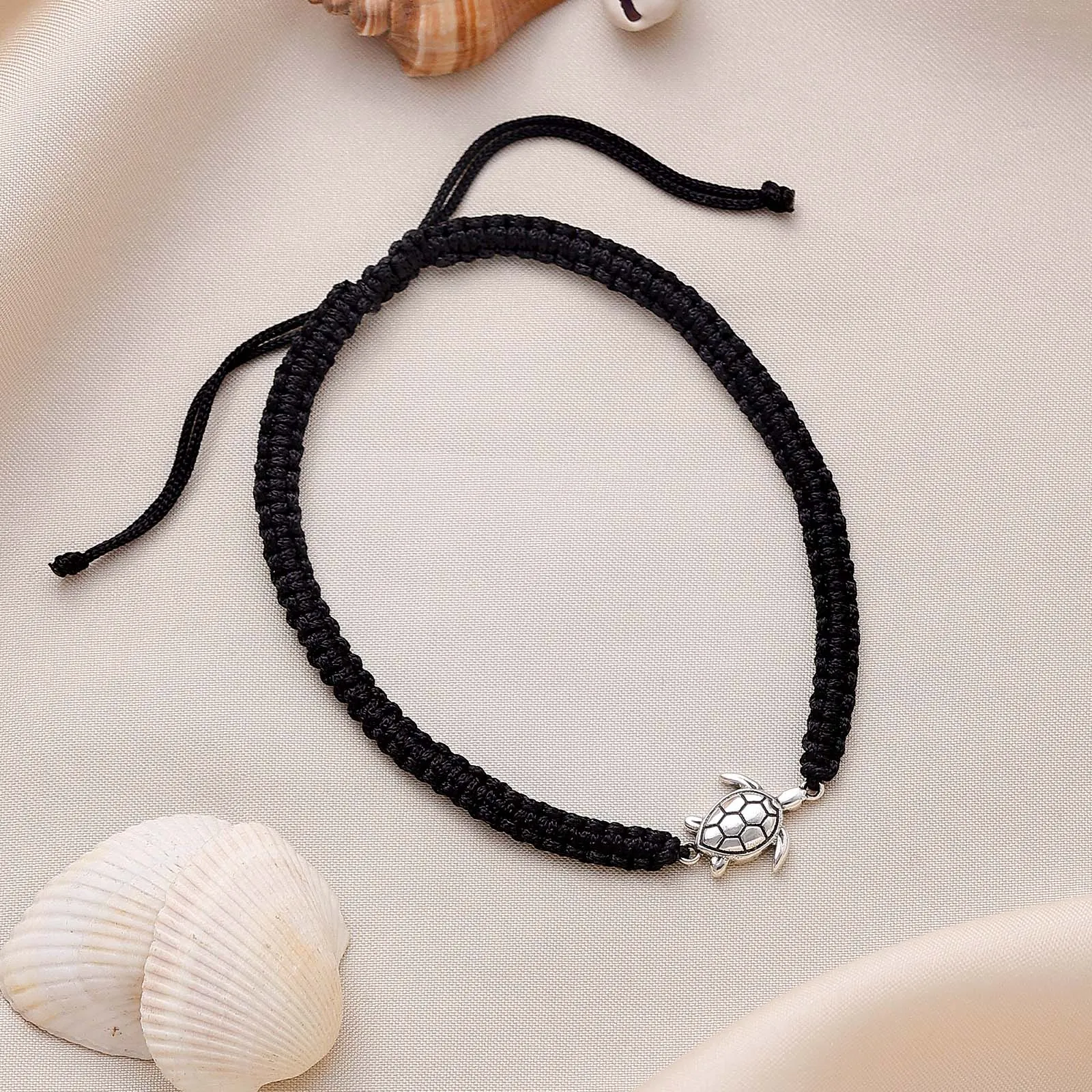 925 Sterling Silver Tortoise Black Thread Anklet