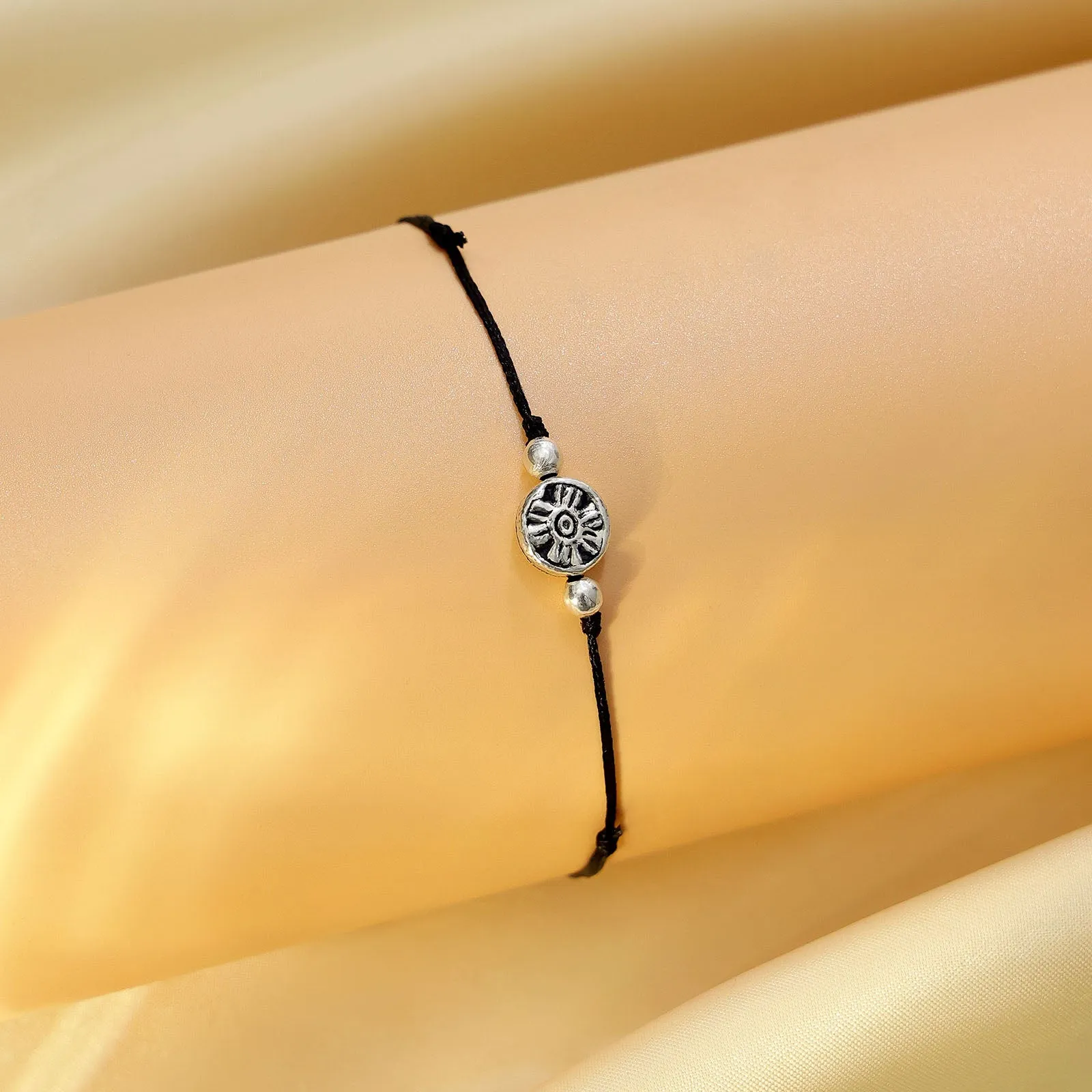925 Sterling Silver Tribal Motif Black Thread Anklet