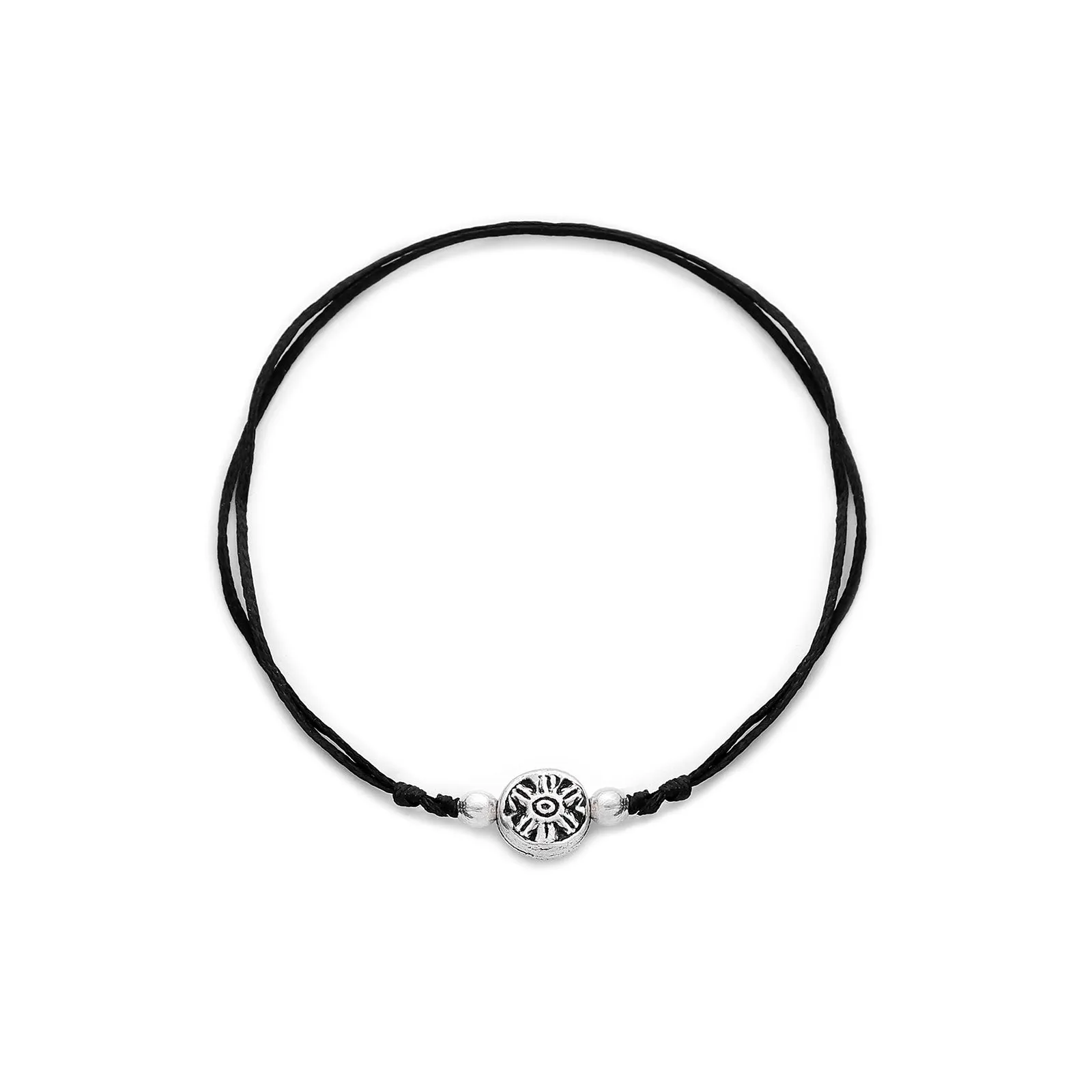 925 Sterling Silver Tribal Motif Black Thread Anklet