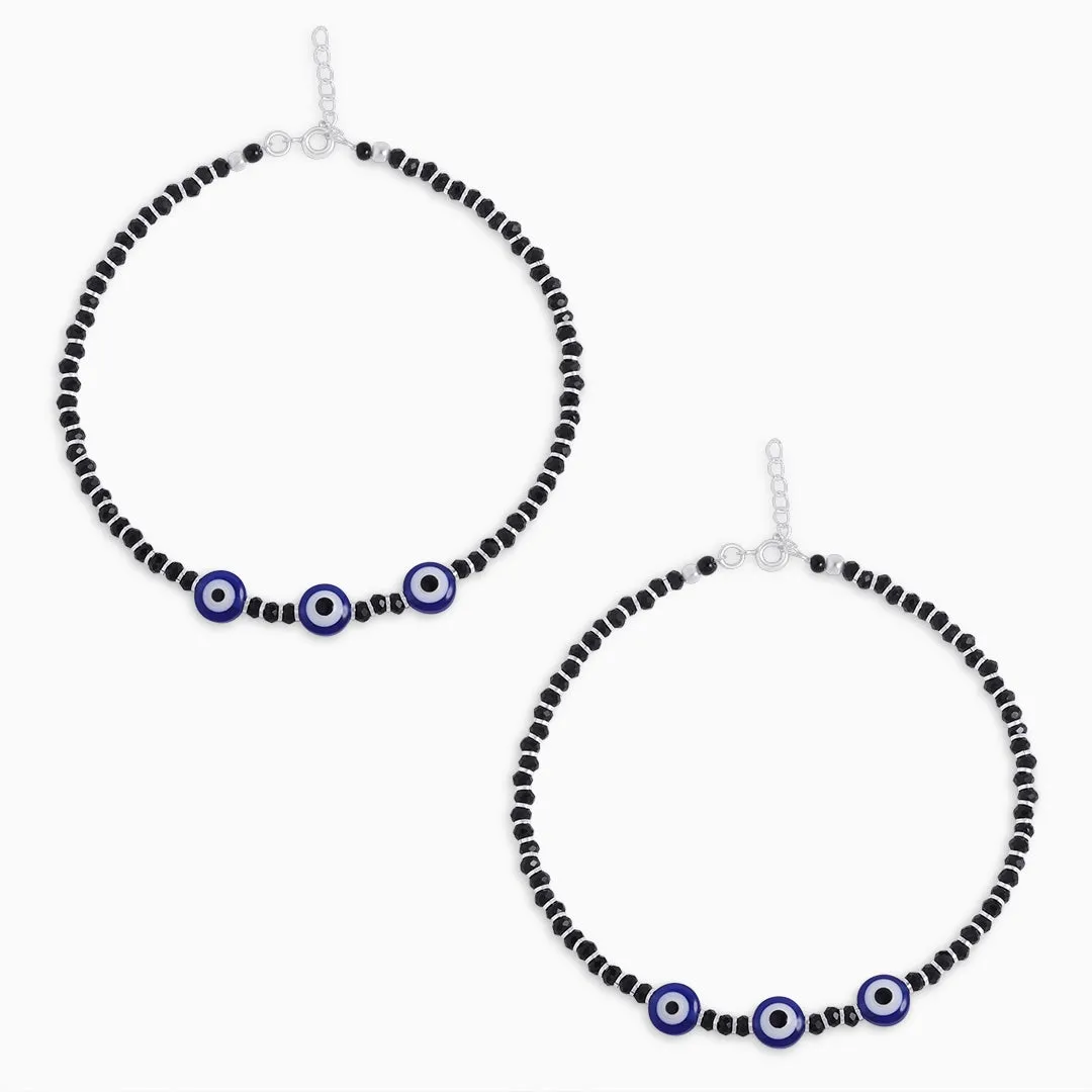925 Sterling Silver Ultra Protection Evil Eye Black Beads Anklets