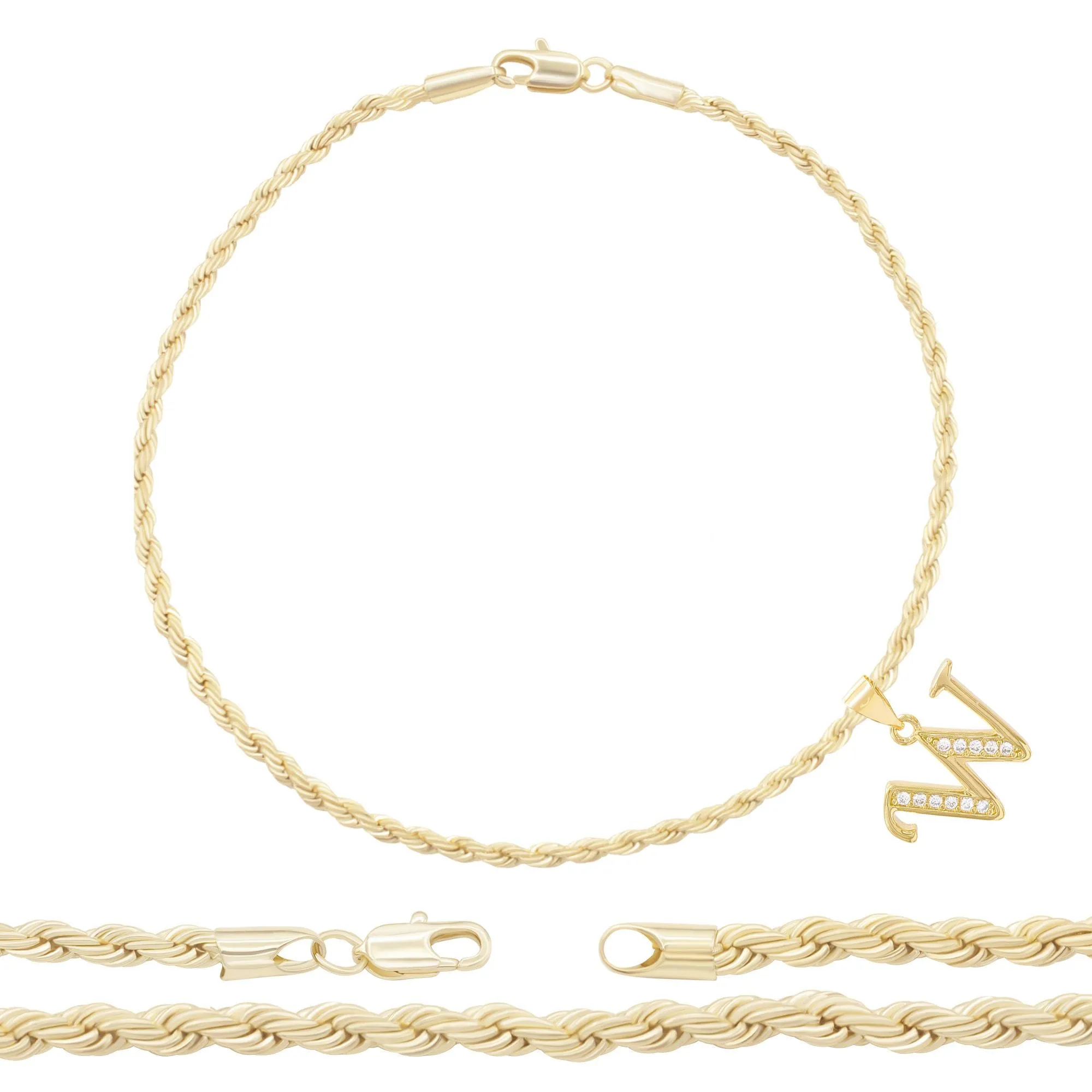 A-Z Initial Letter Pendant 14K Gold Filled Cubic Zirconia Rope Chain Anklet 10" Set 2.4 mm  Women Jewelry