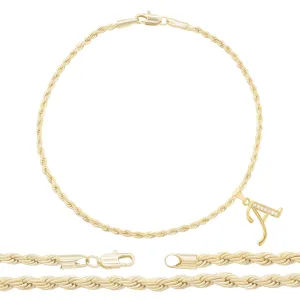 A-Z Initial Letter Pendant 14K Gold Filled Cubic Zirconia Rope Chain Anklet 10" Set 2.4 mm  Women Jewelry