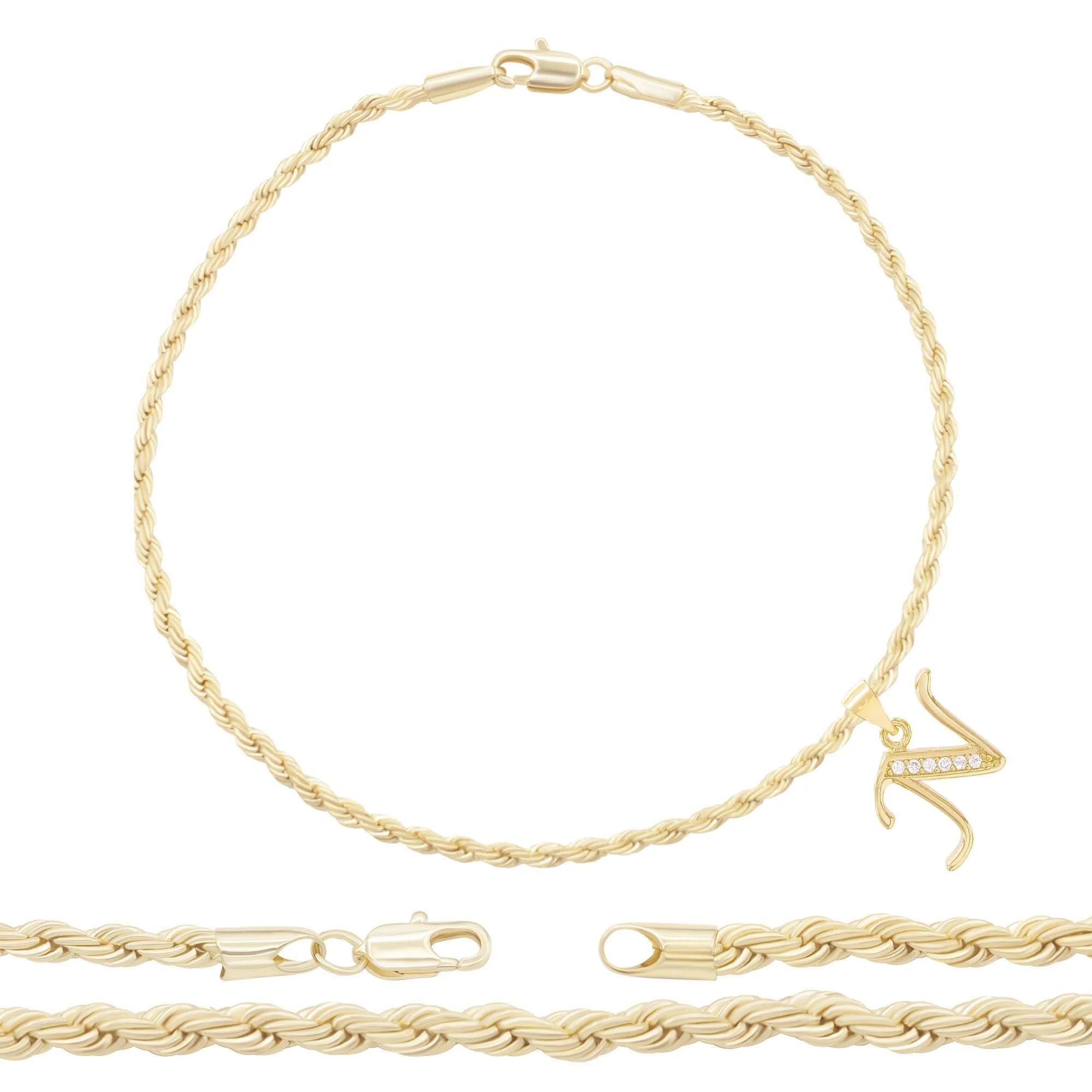 A-Z Initial Letter Pendant 14K Gold Filled Cubic Zirconia Rope Chain Anklet 10" Set 2.4 mm  Women Jewelry