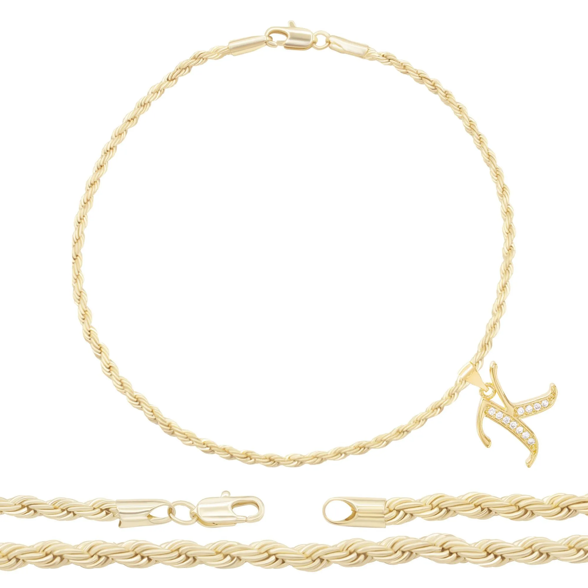 A-Z Initial Letter Pendant 14K Gold Filled Cubic Zirconia Rope Chain Anklet 10" Set 2.4 mm  Women Jewelry