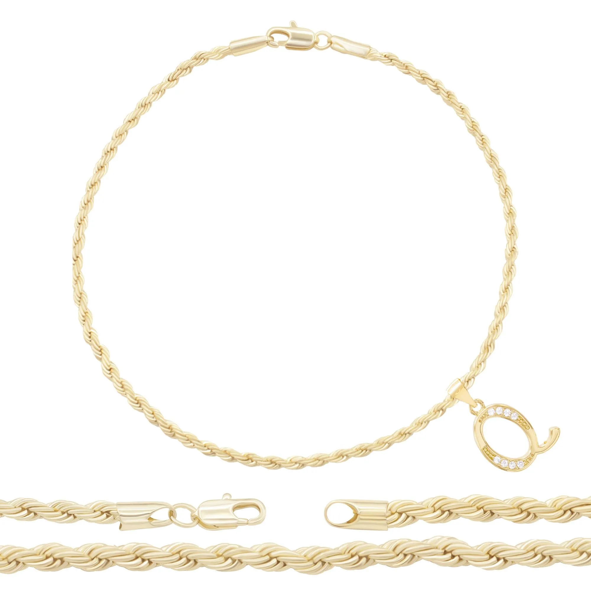A-Z Initial Letter Pendant 14K Gold Filled Cubic Zirconia Rope Chain Anklet 10" Set 2.4 mm  Women Jewelry