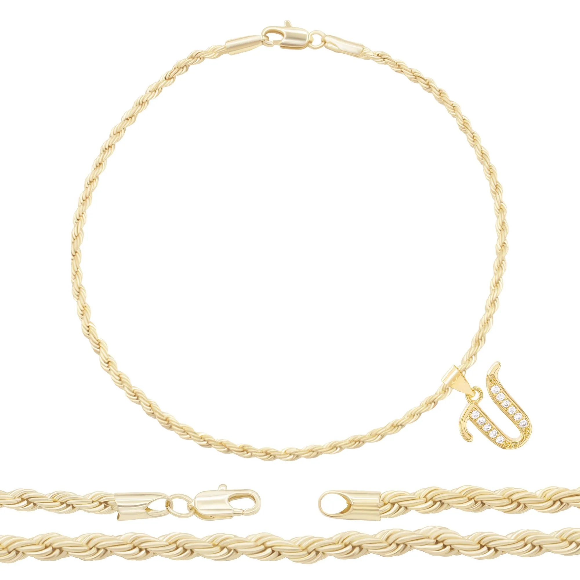 A-Z Initial Letter Pendant 14K Gold Filled Cubic Zirconia Rope Chain Anklet 10" Set 2.4 mm  Women Jewelry
