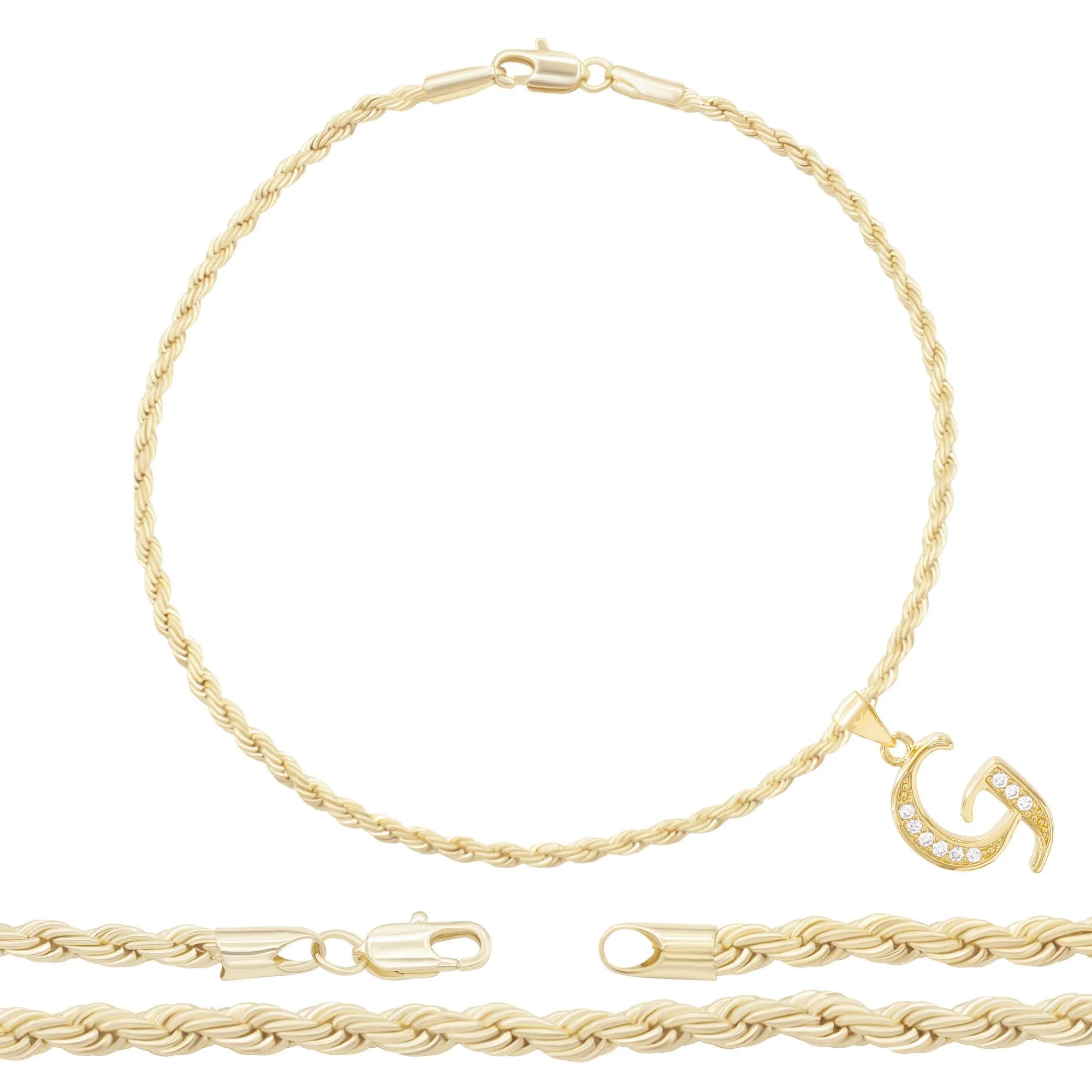 A-Z Initial Letter Pendant 14K Gold Filled Cubic Zirconia Rope Chain Anklet 10" Set 2.4 mm  Women Jewelry