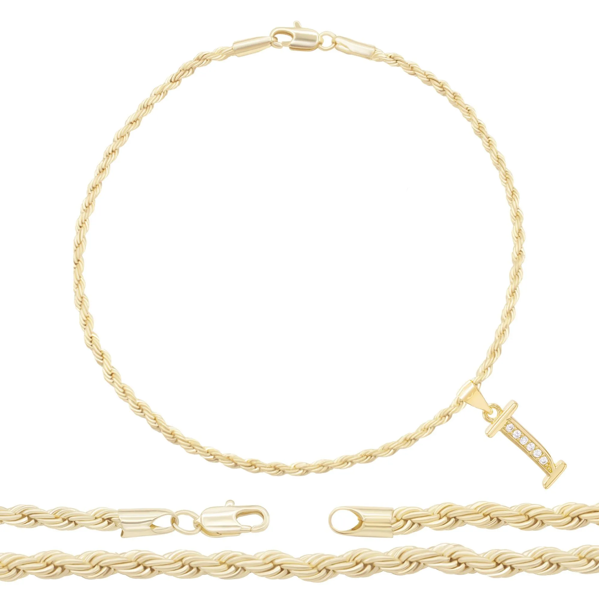 A-Z Initial Letter Pendant 14K Gold Filled Cubic Zirconia Rope Chain Anklet 10" Set 2.4 mm  Women Jewelry