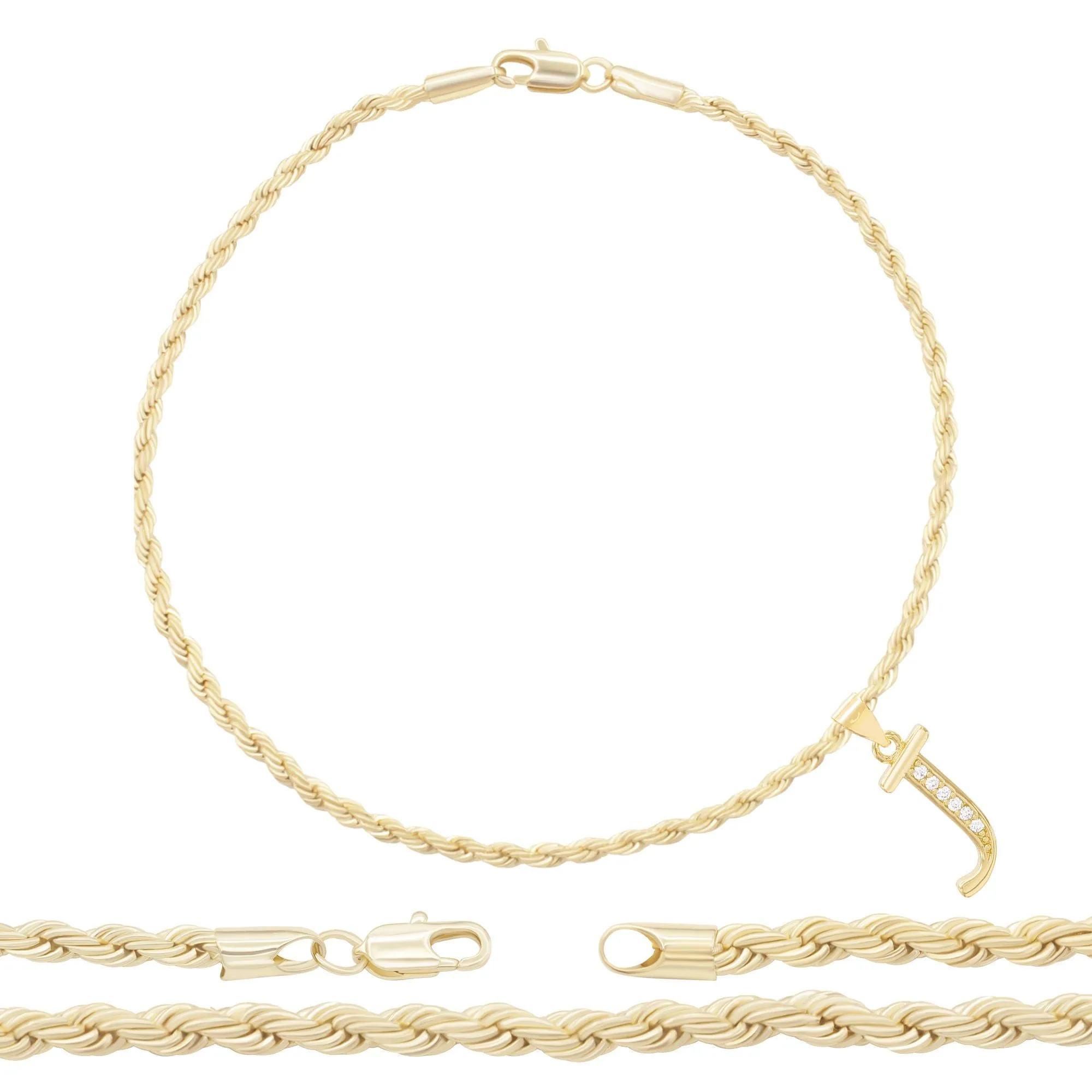 A-Z Initial Letter Pendant 14K Gold Filled Cubic Zirconia Rope Chain Anklet 10" Set 2.4 mm  Women Jewelry