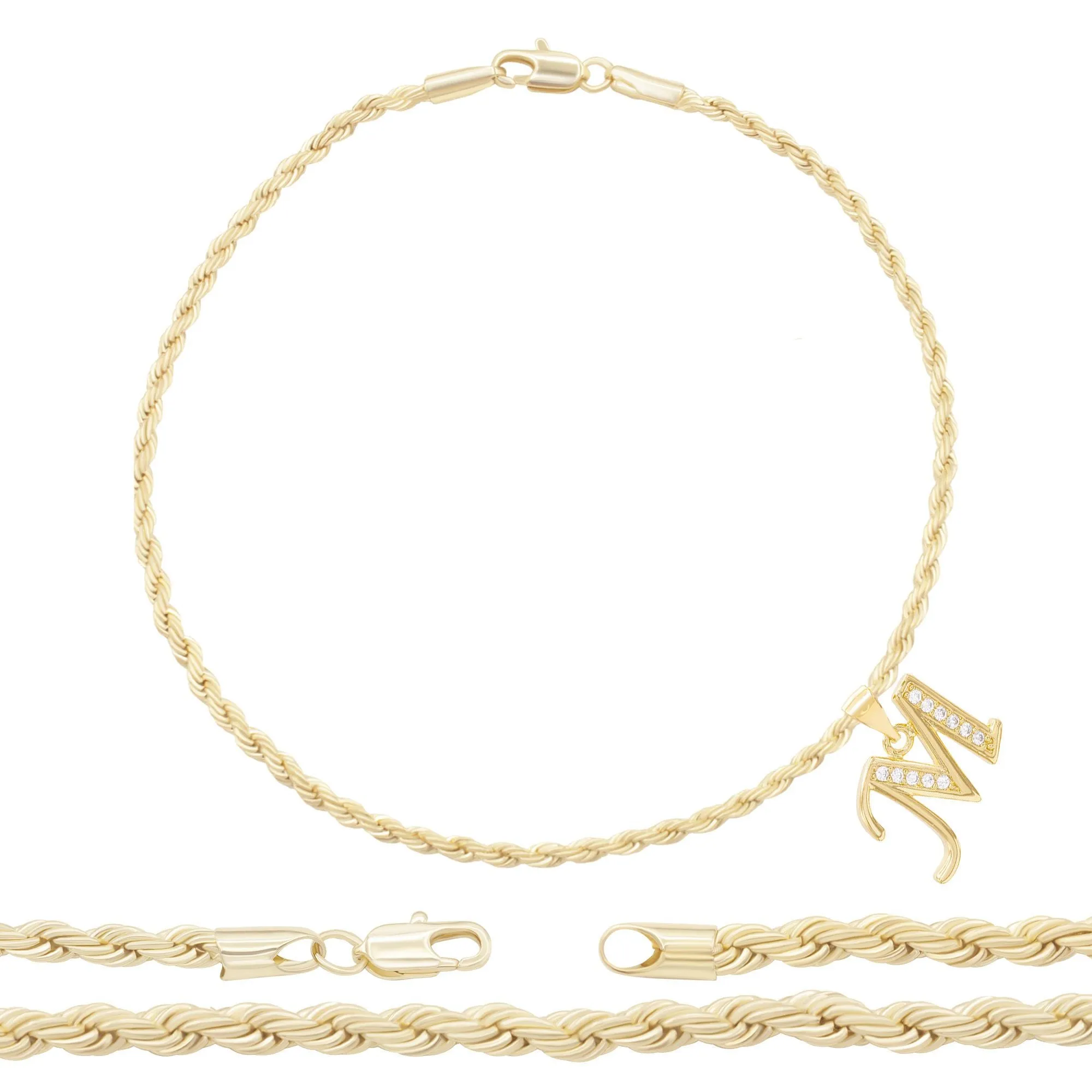 A-Z Initial Letter Pendant 14K Gold Filled Cubic Zirconia Rope Chain Anklet 10" Set 2.4 mm  Women Jewelry