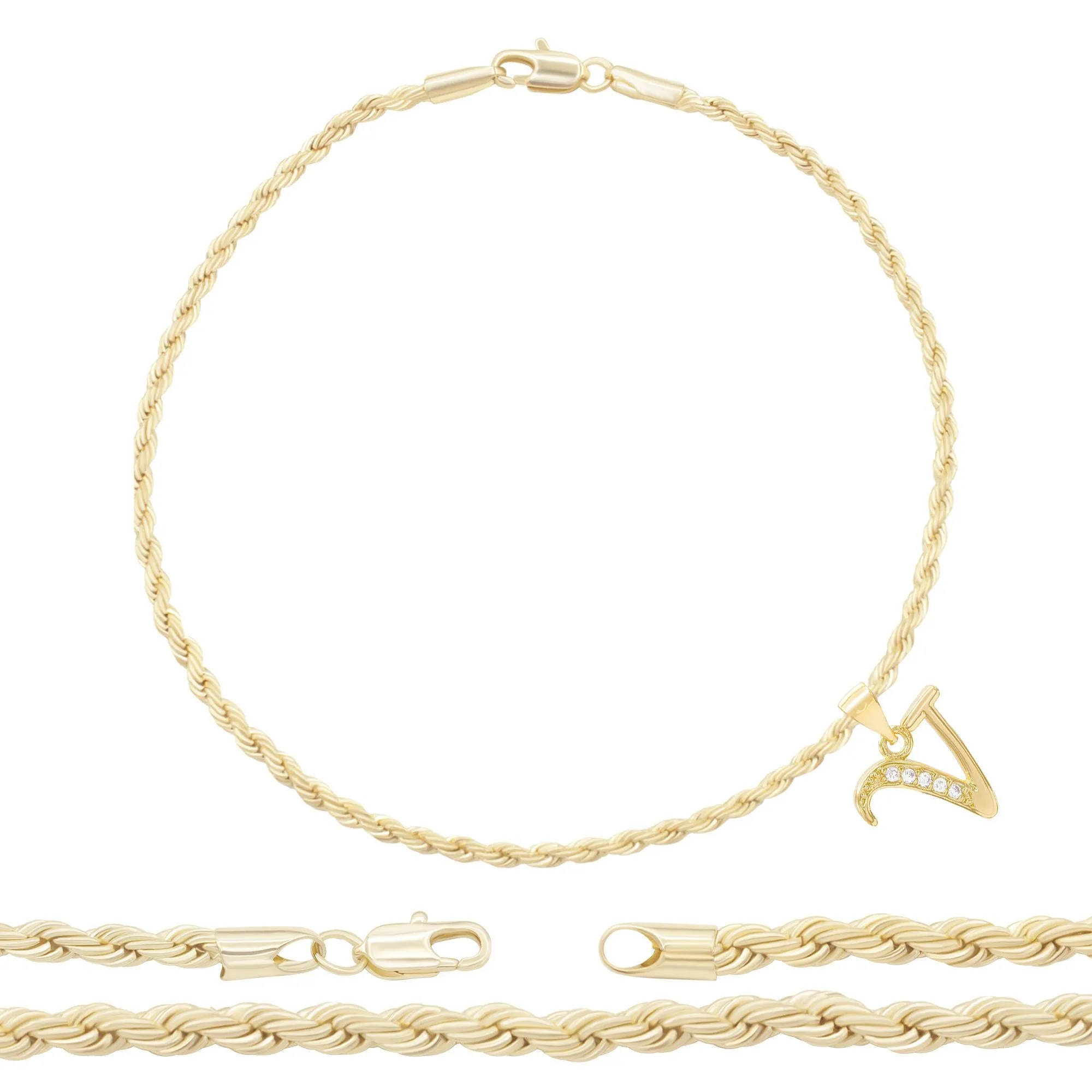 A-Z Initial Letter Pendant 14K Gold Filled Cubic Zirconia Rope Chain Anklet 10" Set 2.4 mm  Women Jewelry
