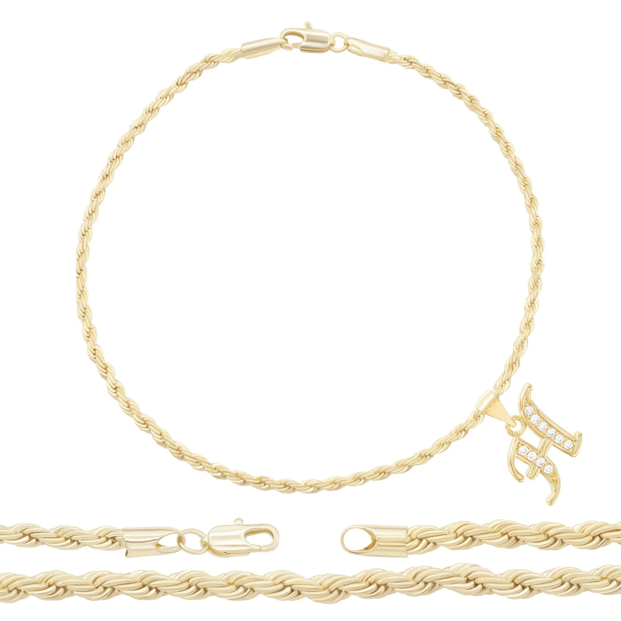 A-Z Initial Letter Pendant 14K Gold Filled Cubic Zirconia Rope Chain Anklet 10" Set 2.4 mm  Women Jewelry