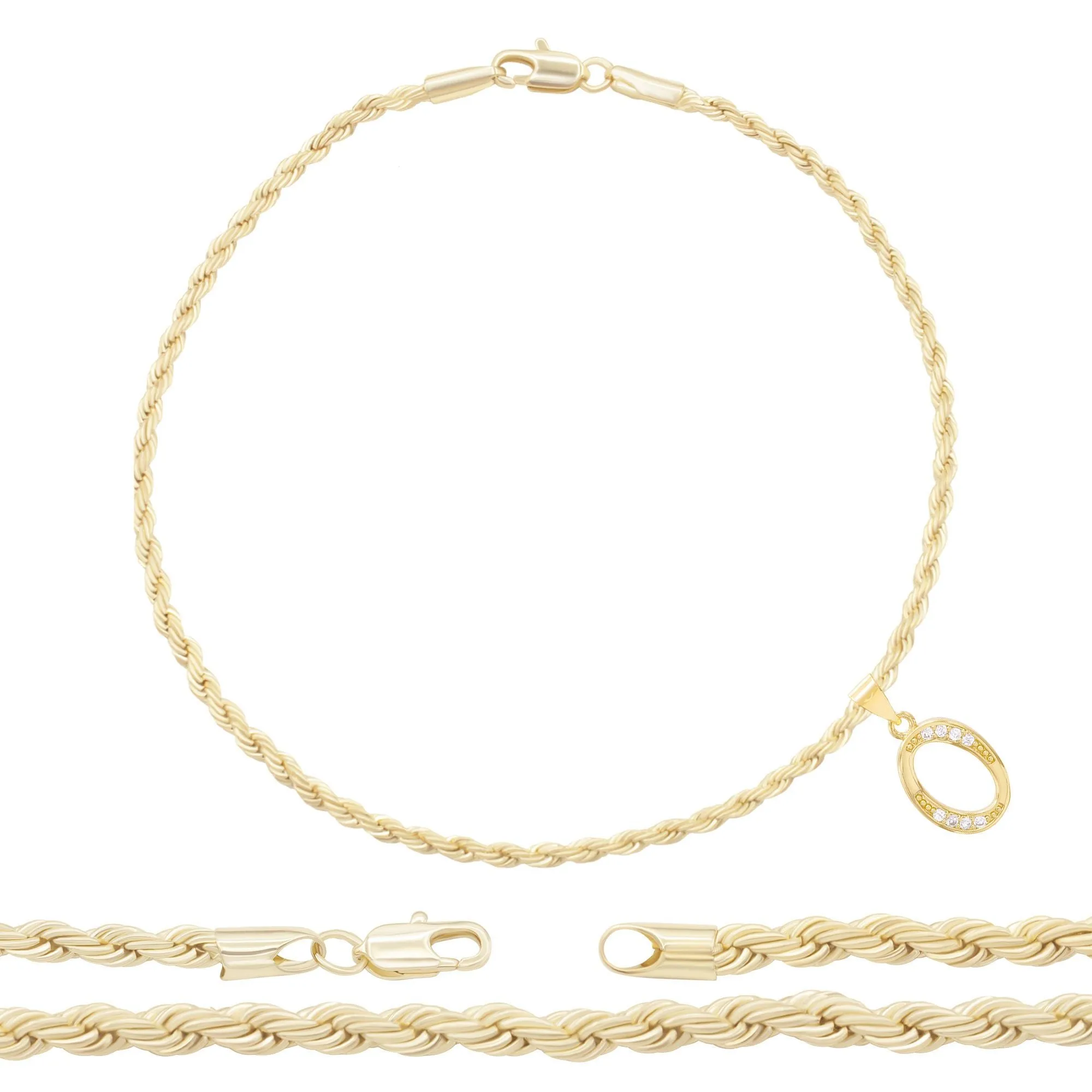 A-Z Initial Letter Pendant 14K Gold Filled Cubic Zirconia Rope Chain Anklet 10" Set 2.4 mm  Women Jewelry