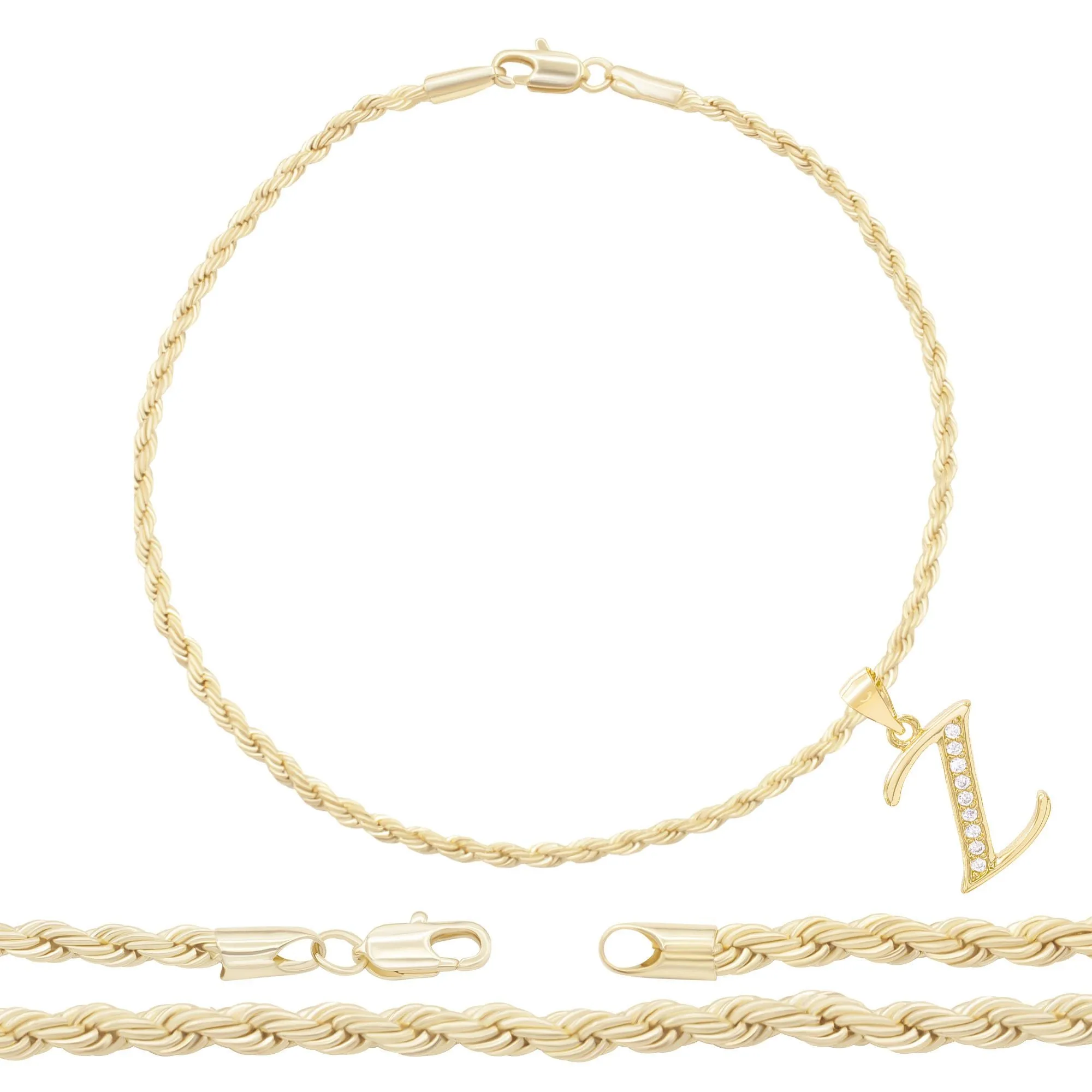 A-Z Initial Letter Pendant 14K Gold Filled Cubic Zirconia Rope Chain Anklet 10" Set 2.4 mm  Women Jewelry