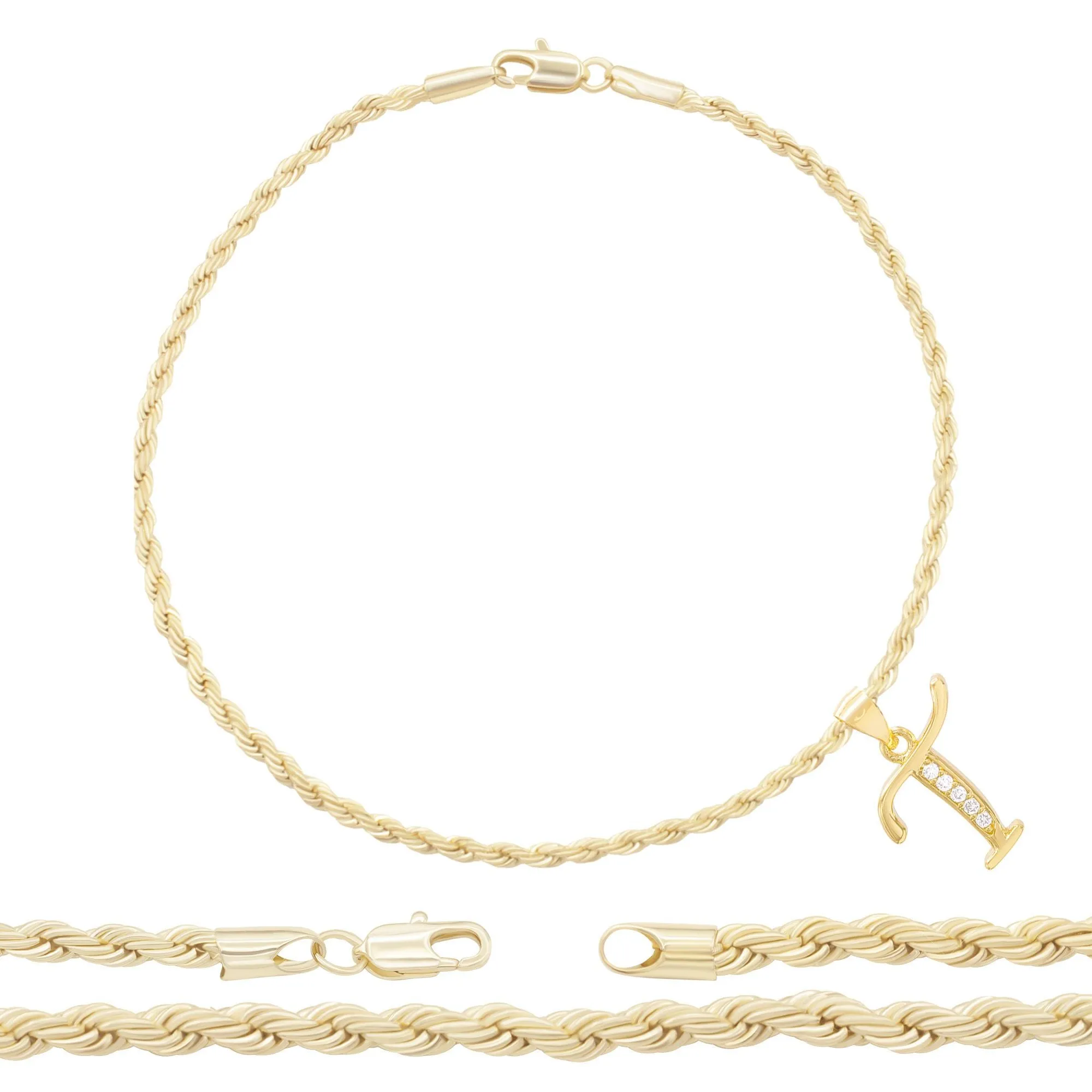 A-Z Initial Letter Pendant 14K Gold Filled Cubic Zirconia Rope Chain Anklet 10" Set 2.4 mm  Women Jewelry