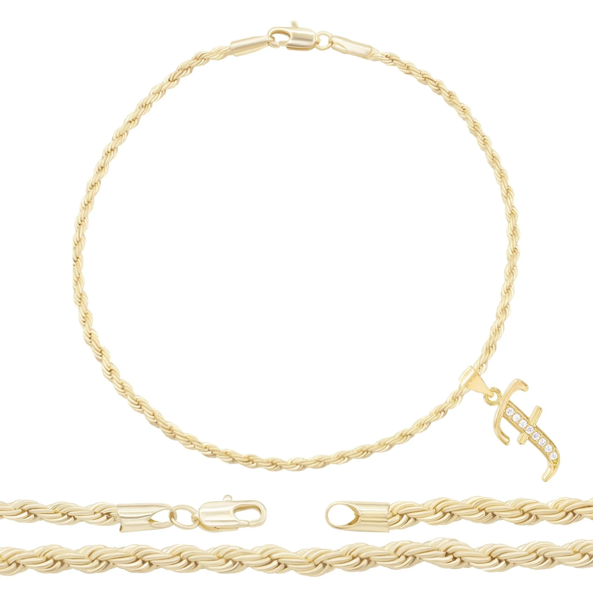A-Z Initial Letter Pendant 14K Gold Filled Cubic Zirconia Rope Chain Anklet 10" Set 2.4 mm  Women Jewelry