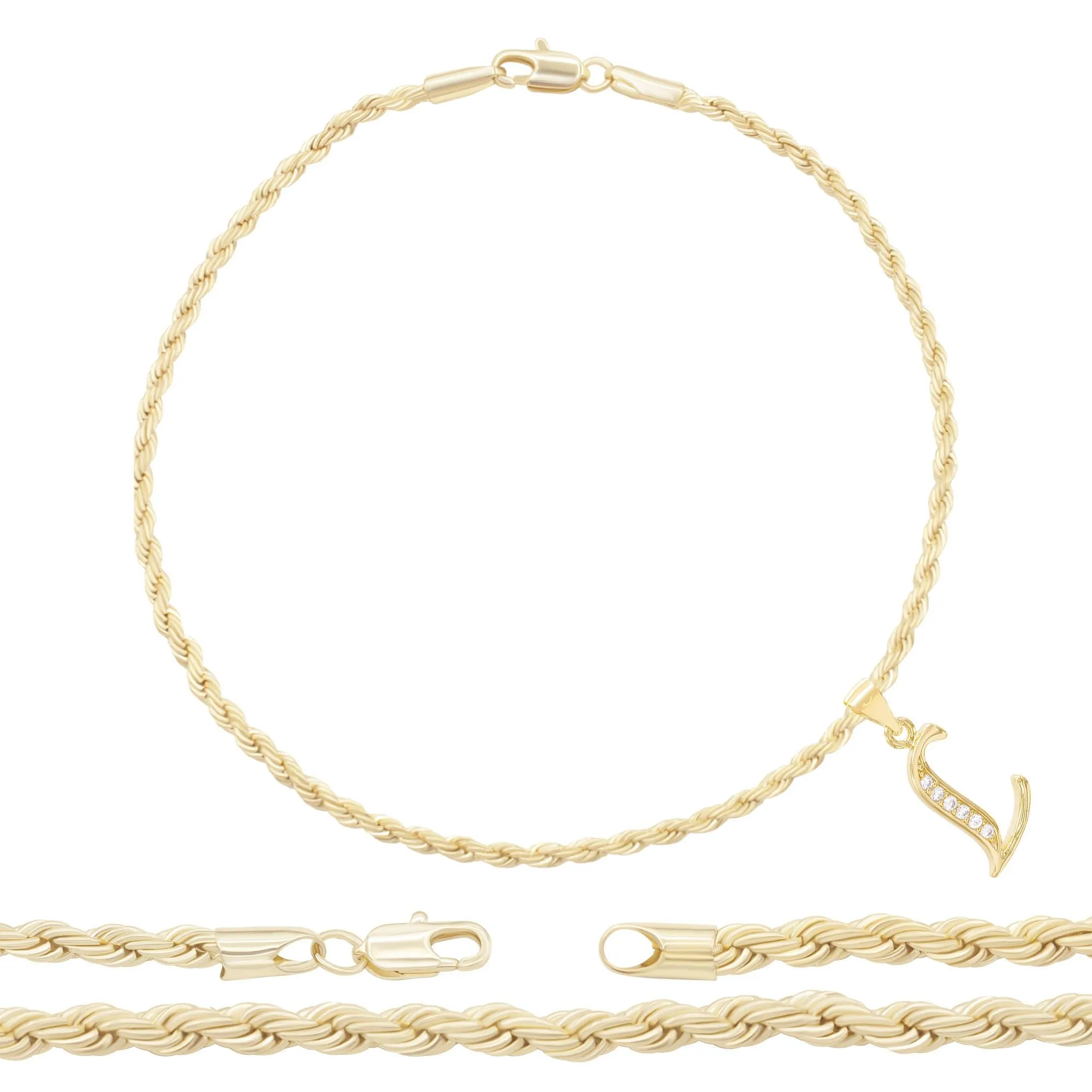 A-Z Initial Letter Pendant 14K Gold Filled Cubic Zirconia Rope Chain Anklet 10" Set 2.4 mm  Women Jewelry