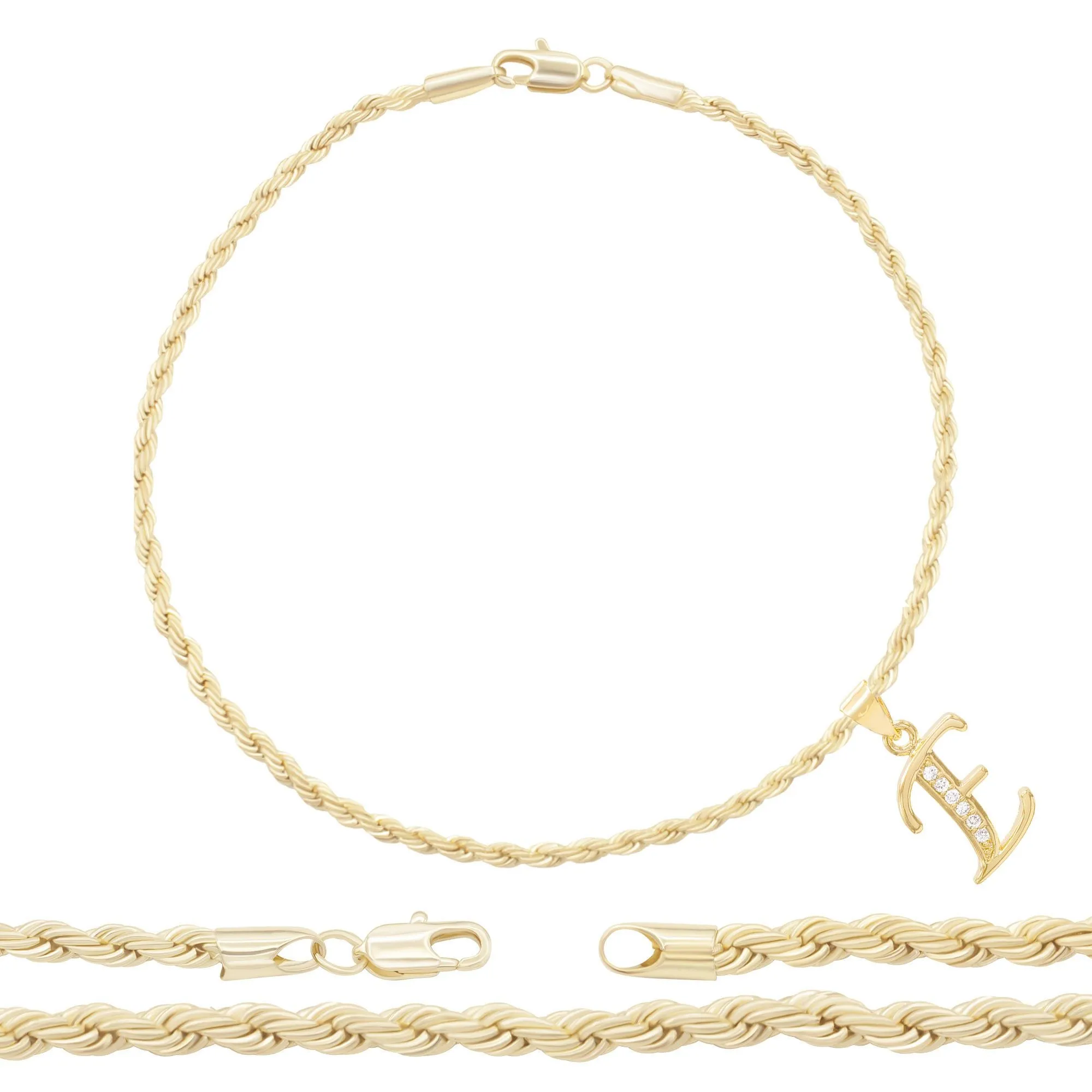 A-Z Initial Letter Pendant 14K Gold Filled Cubic Zirconia Rope Chain Anklet 10" Set 2.4 mm  Women Jewelry