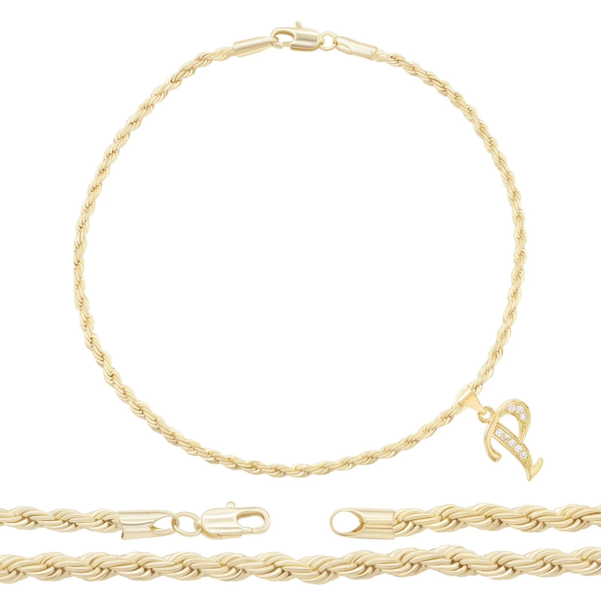 A-Z Initial Letter Pendant 14K Gold Filled Cubic Zirconia Rope Chain Anklet 10" Set 2.4 mm  Women Jewelry