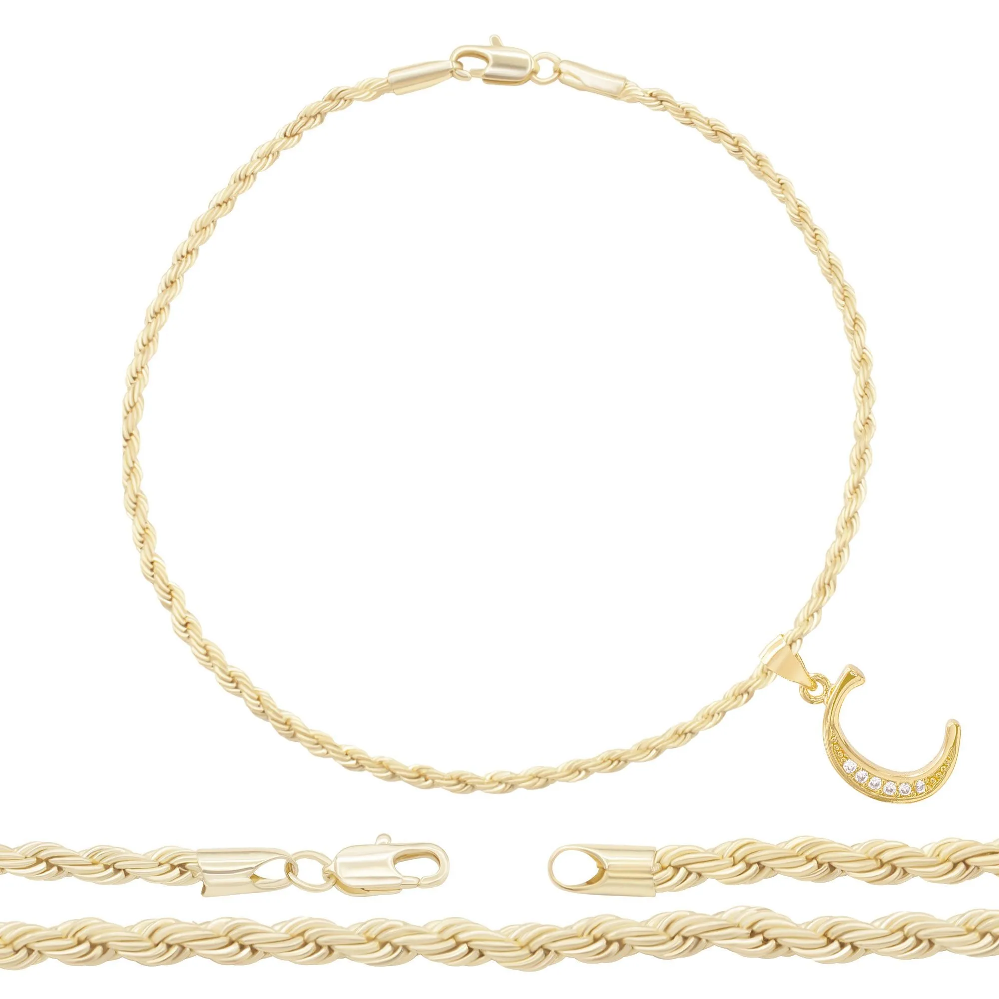 A-Z Initial Letter Pendant 14K Gold Filled Cubic Zirconia Rope Chain Anklet 10" Set 2.4 mm  Women Jewelry