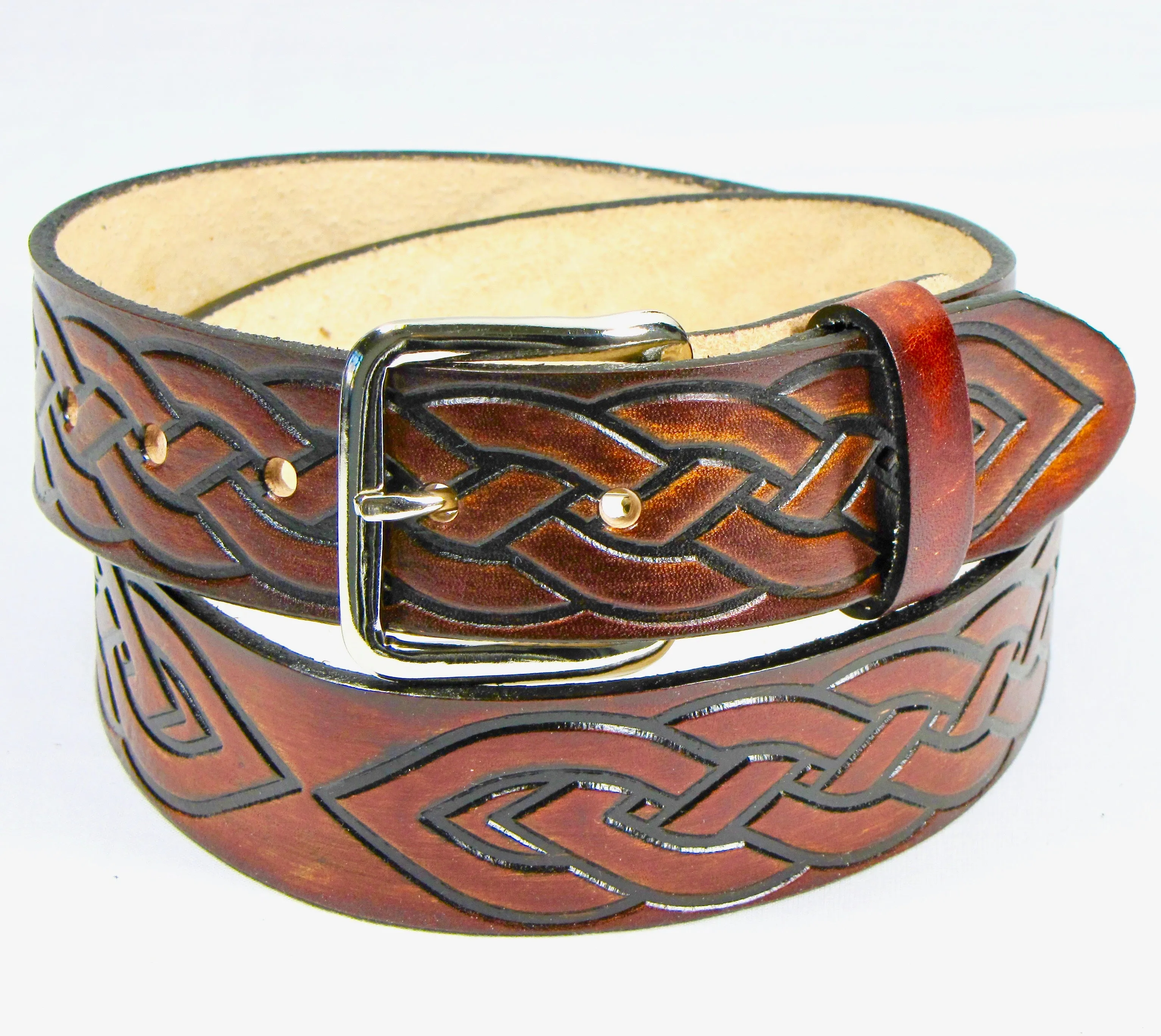 A02  1 1/2" Antique Finish Belt- Celtic Braid