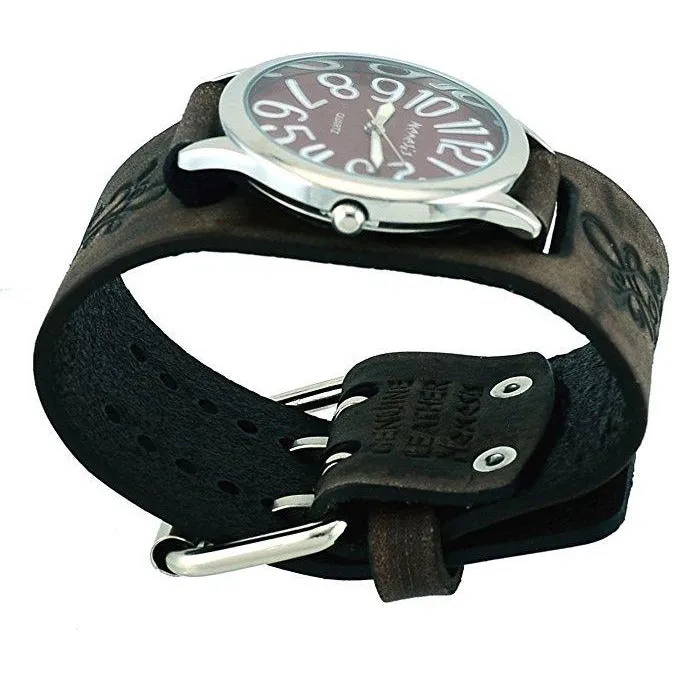 Always Summer Ladies Brown Watch with Floral Distressed Dark Brown Leather Cuff BVFB108B