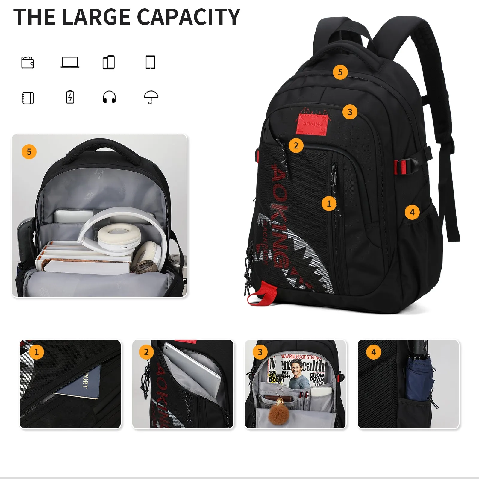Aoking Backpack Big Shark Casual Backpack Student Bag XN3358