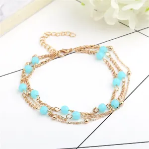 Aqua & 18K Gold-Plated Beaded Layered Station Anklet