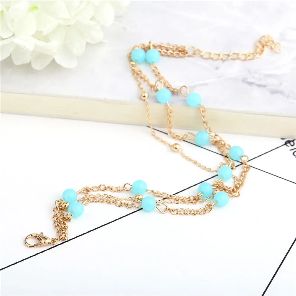 Aqua & 18K Gold-Plated Beaded Layered Station Anklet