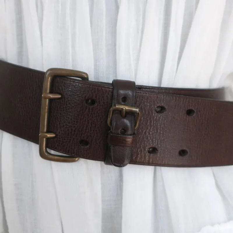 Barneys New York Double Buckle Wide Belt Brown Leather Size 80 US 32