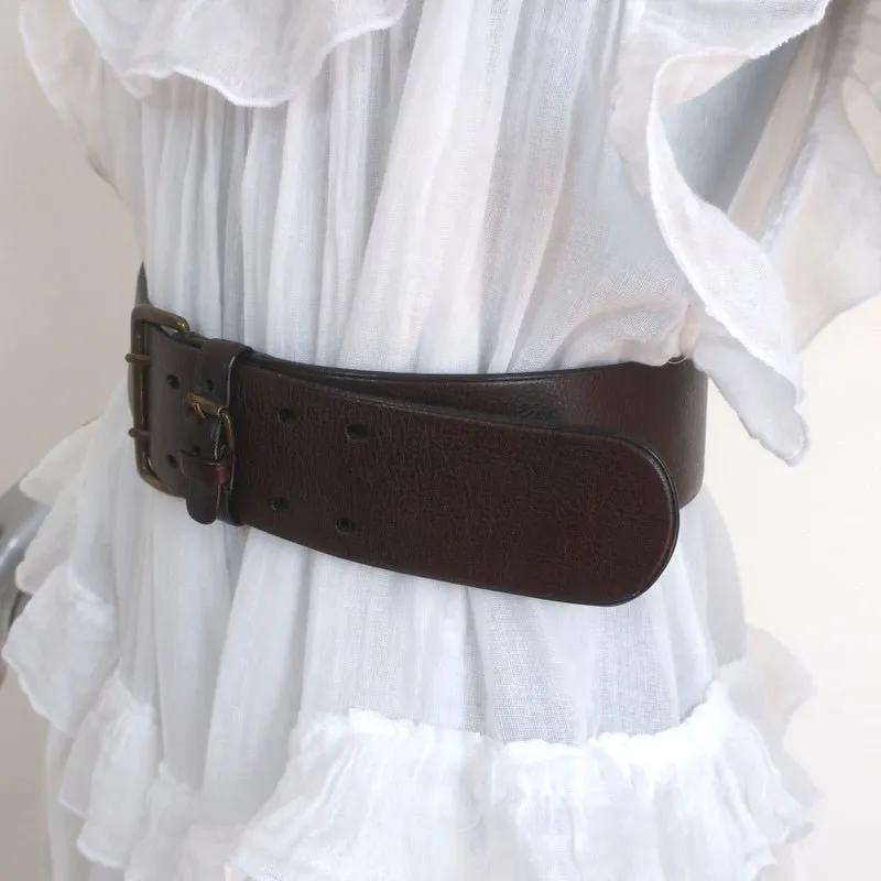 Barneys New York Double Buckle Wide Belt Brown Leather Size 80 US 32