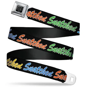BD Wings Logo CLOSE-UP Black/Silver Seatbelt Belt - SNATCHED Script Black/Multi Color Webbing