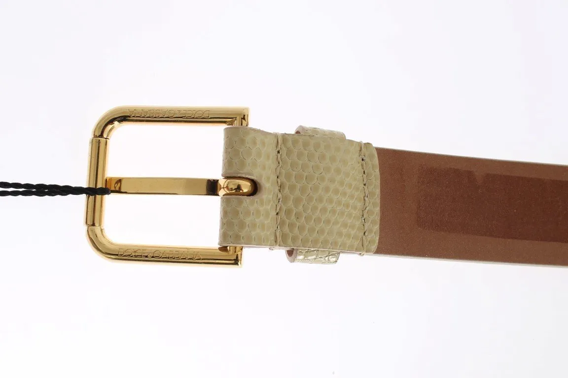 Beige Snakeskin Gold Buckle Logo Waist Belt
