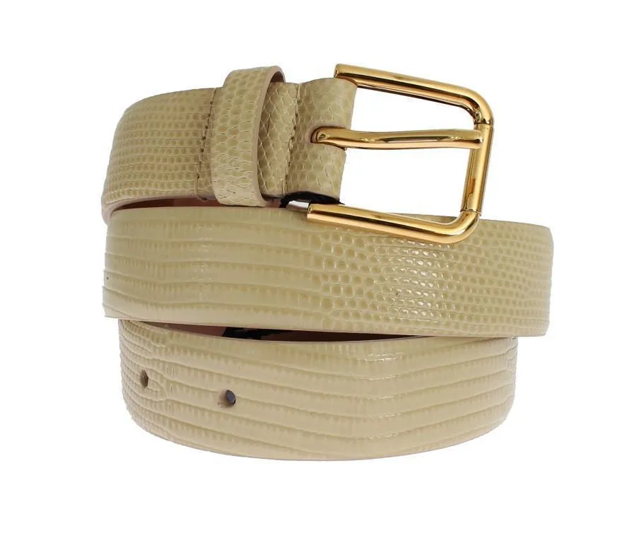 Beige Snakeskin Gold Buckle Logo Waist Belt
