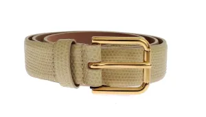 Beige Snakeskin Gold Buckle Logo Waist Belt