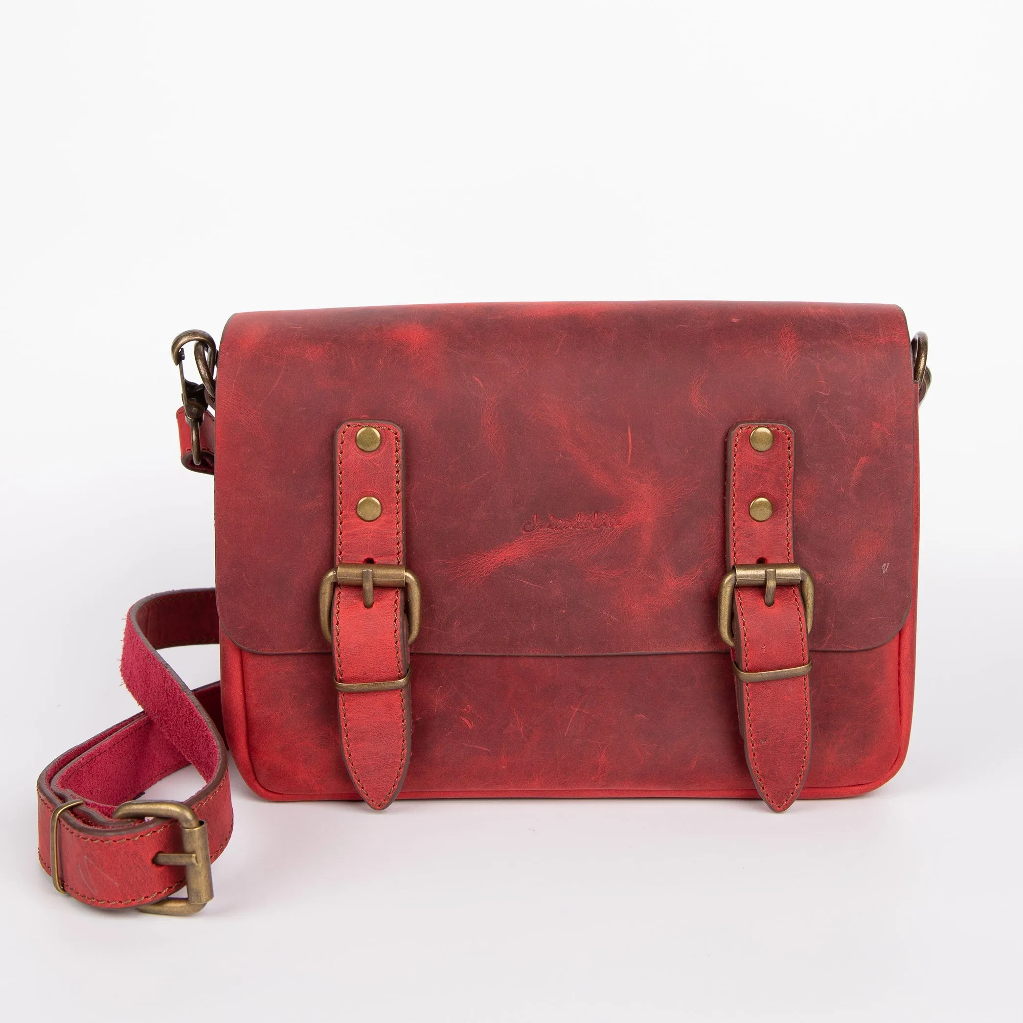 Belt Strap Crossbody Shoulder Bag, Crazy Horse Leather - Red
