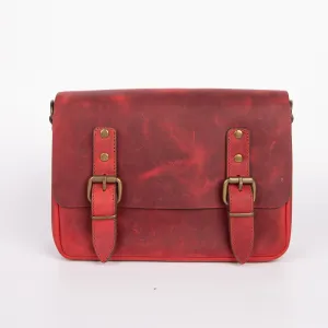 Belt Strap Crossbody Shoulder Bag, Crazy Horse Leather - Red