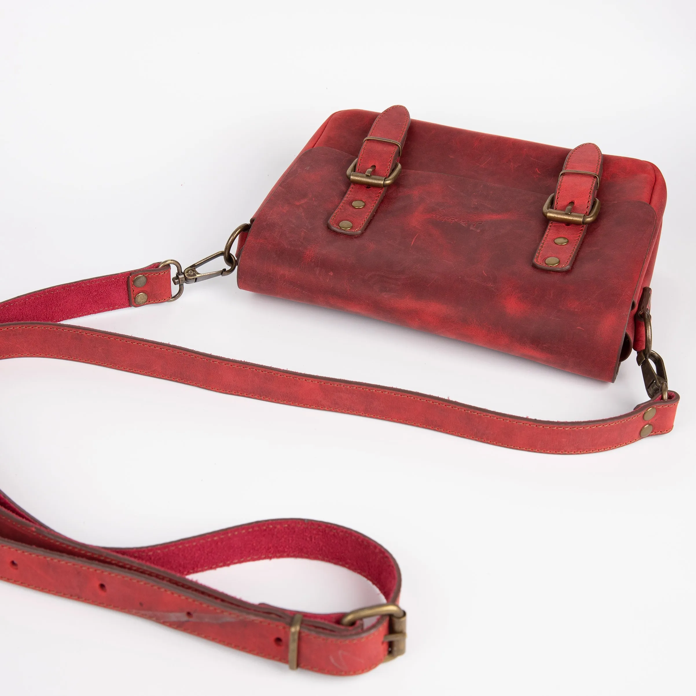 Belt Strap Crossbody Shoulder Bag, Crazy Horse Leather - Red