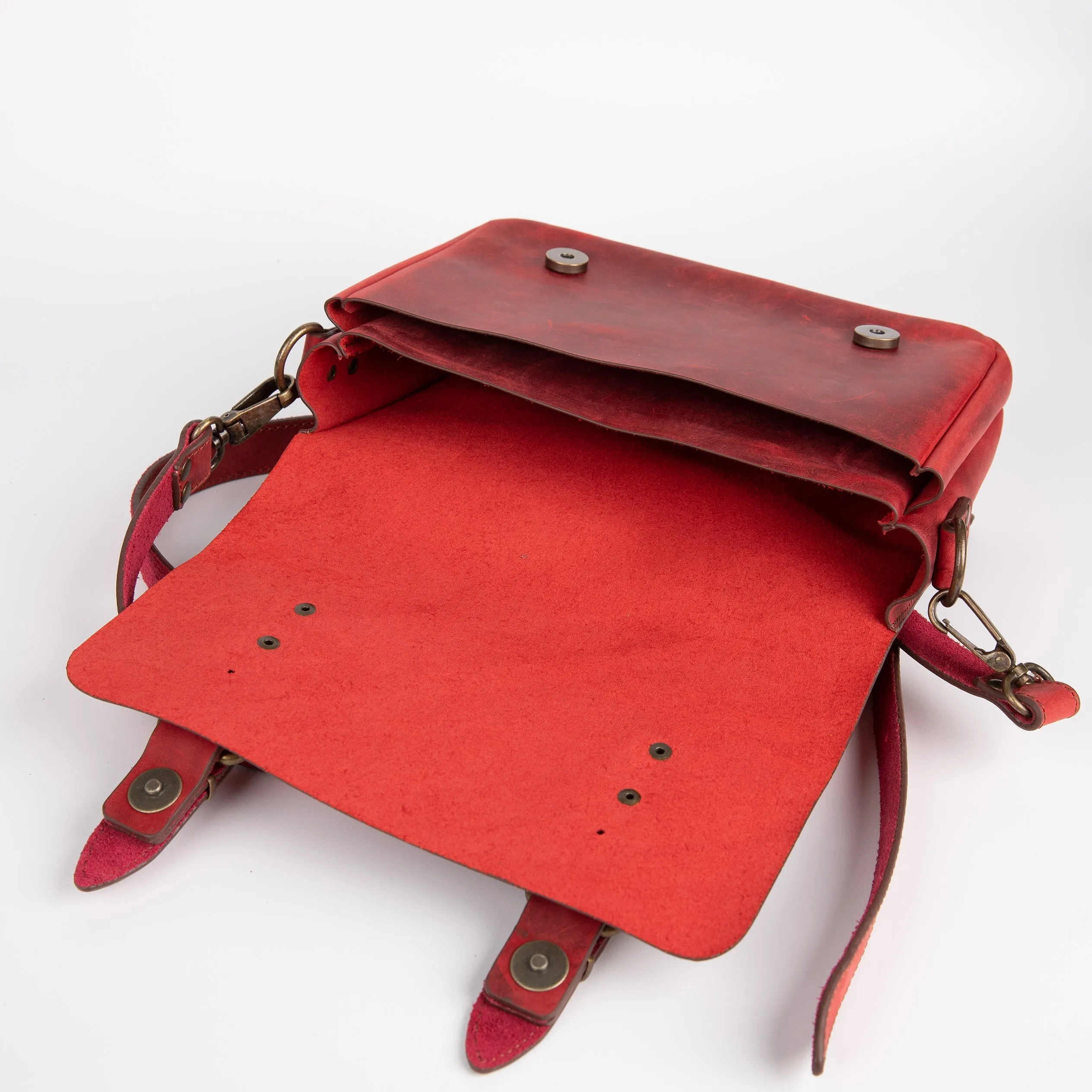 Belt Strap Crossbody Shoulder Bag, Crazy Horse Leather - Red