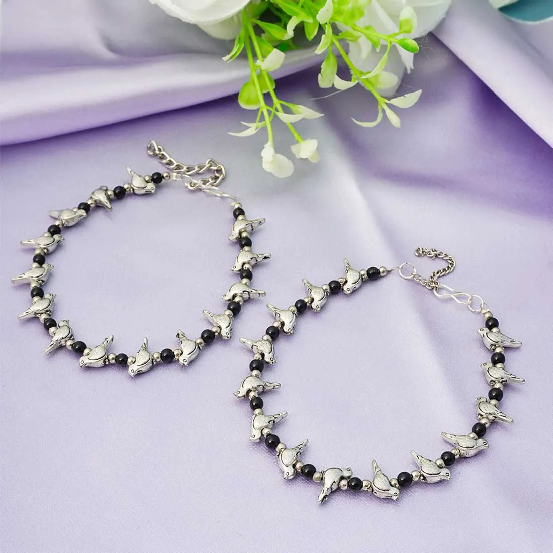 Bird Beaded Silver Anklets