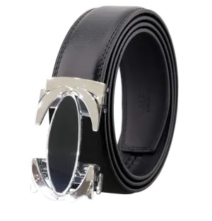 Black and Silver Mens Adjustable Ratchet Slide Buckle Belt - Genuine Leather Automatic Belt with