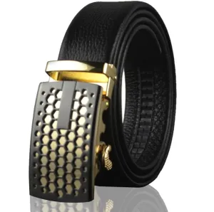 Black Belt Black Gold Buckle Mens Adjustable Ratchet Slide Buckle Belt - Genuine Leather Automatic