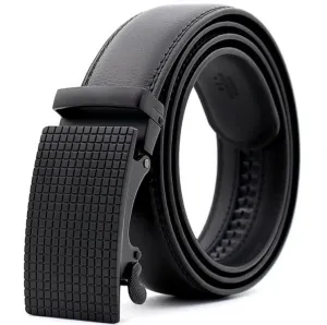 Black Belt Checkered Buckle Mens Adjustable Ratchet Slide Buckle Belt - Genuine Leather Automatic