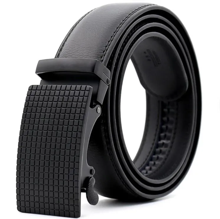 Black Belt Checkered Buckle Mens Adjustable Ratchet Slide Buckle Belt - Genuine Leather Automatic