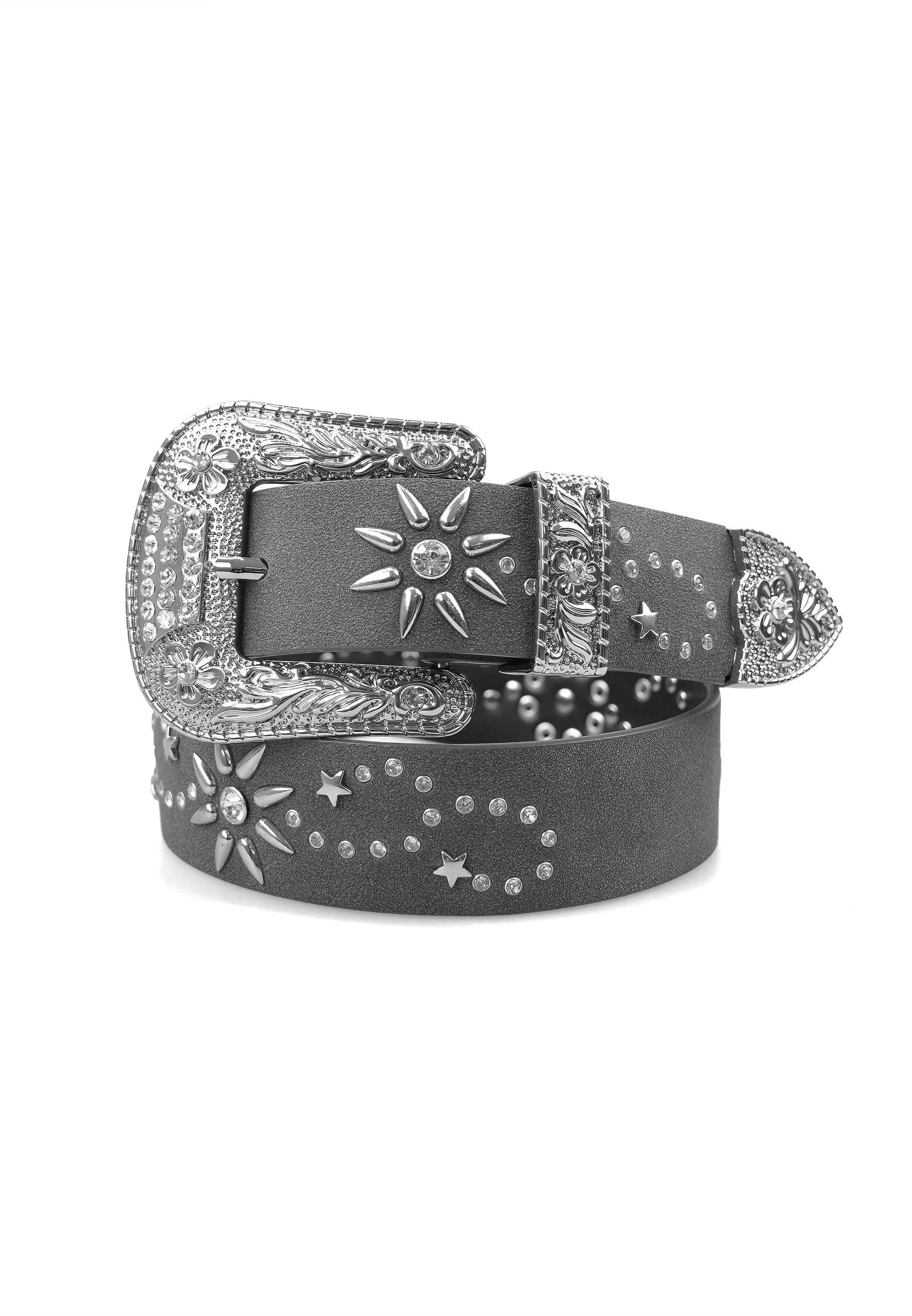 Black Designer Belt with Embossed Buckle